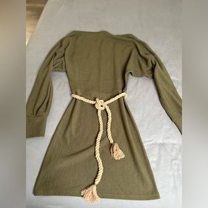 Olive Green Boatneck Top Mini Sweater Dress with Tan Rope Belt, Size S